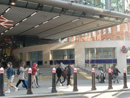 The entrance from the railway station can be seen on the far left