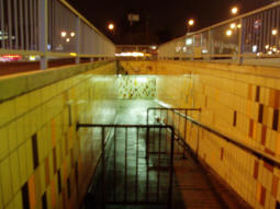 A ramped entrance with barriers to (I assume) stop cars coming down. The station itself does not have step-free access to the platforms