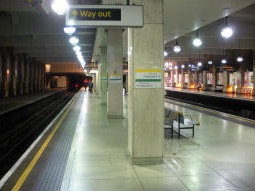 Looking along the District and Circle line eastbound platform, with the Circle line westbound platform the other side of this island and the District line westbound platform on the far right