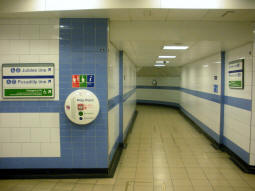Looking in the direction of the Jubilee and Piccadilly lines from the lift from the ticket hall and Victoria line platforms