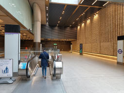 Two of the sets of escalators down to the Elizabeth line platforms from its concourse
