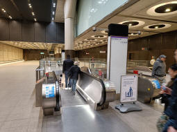 Escalators and in the far background, lifts, down to the Elizabeth line from its concourse