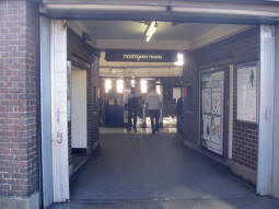 Looking into the station. Under the "To trains" and "No entry" signs are the short stairs to the platforms. It's hard to follow the one-side-per-direction system as there are no similar signs at platform level (December 2008)