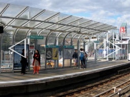 Auto-stitched panorama of the platform for trains to Beckton from the platform for trains to Tower Gateway and Stratford International