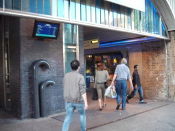 Looking in from the south - the departures display screen is attached to the lift box, the stairs are through the gap in the centre of the picture