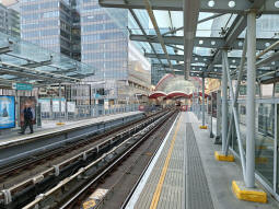 Canary Wharf station can be seen from the platform for trains to Stratford