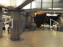 Escalators and stairs to Jubilee line from eastbound District and Circle line platform (multiple photos stitched together)